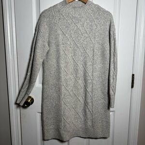 LOFT Gray Cable Knit Mock Neck Sweater Dress Women M Winter Cozy Tunic